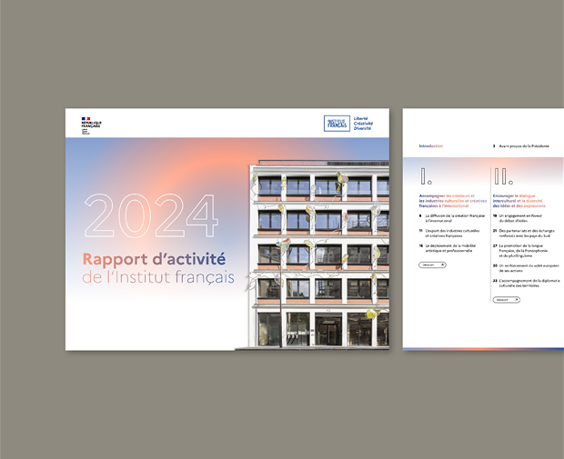 Rapport d'activité de l'Institut français, conception graphique et mise en page éditoriale.
